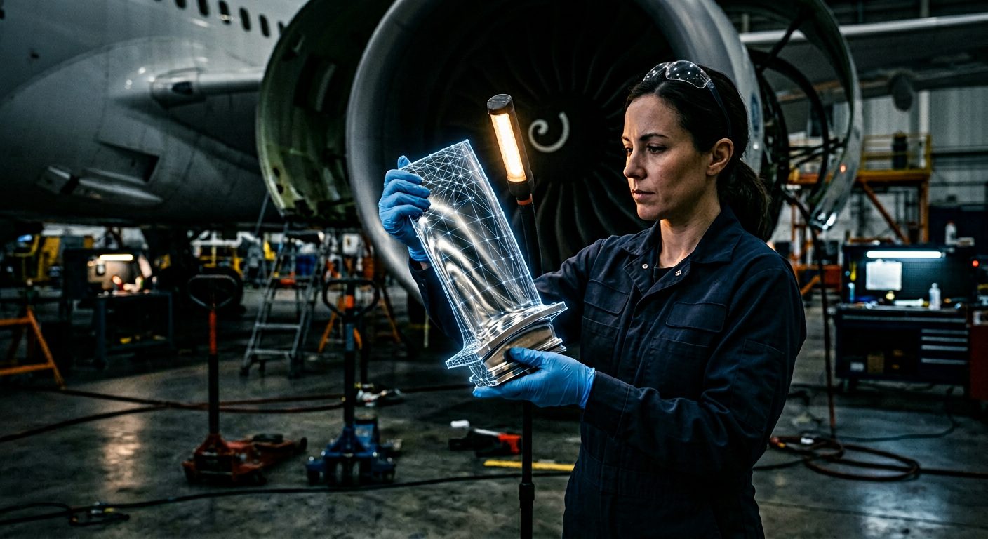 Aerospace component being 3D scanned with wireframe overlay, OptimumARC reverse engineering and inspection Canada