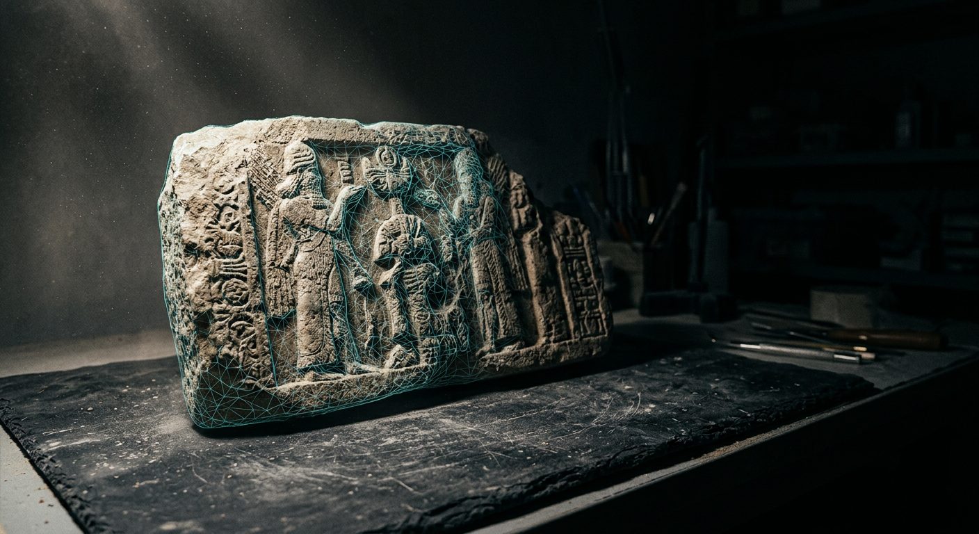 Ancient stone relief artifact being digitally captured, OptimumARC archaeology 3D scanning workflow