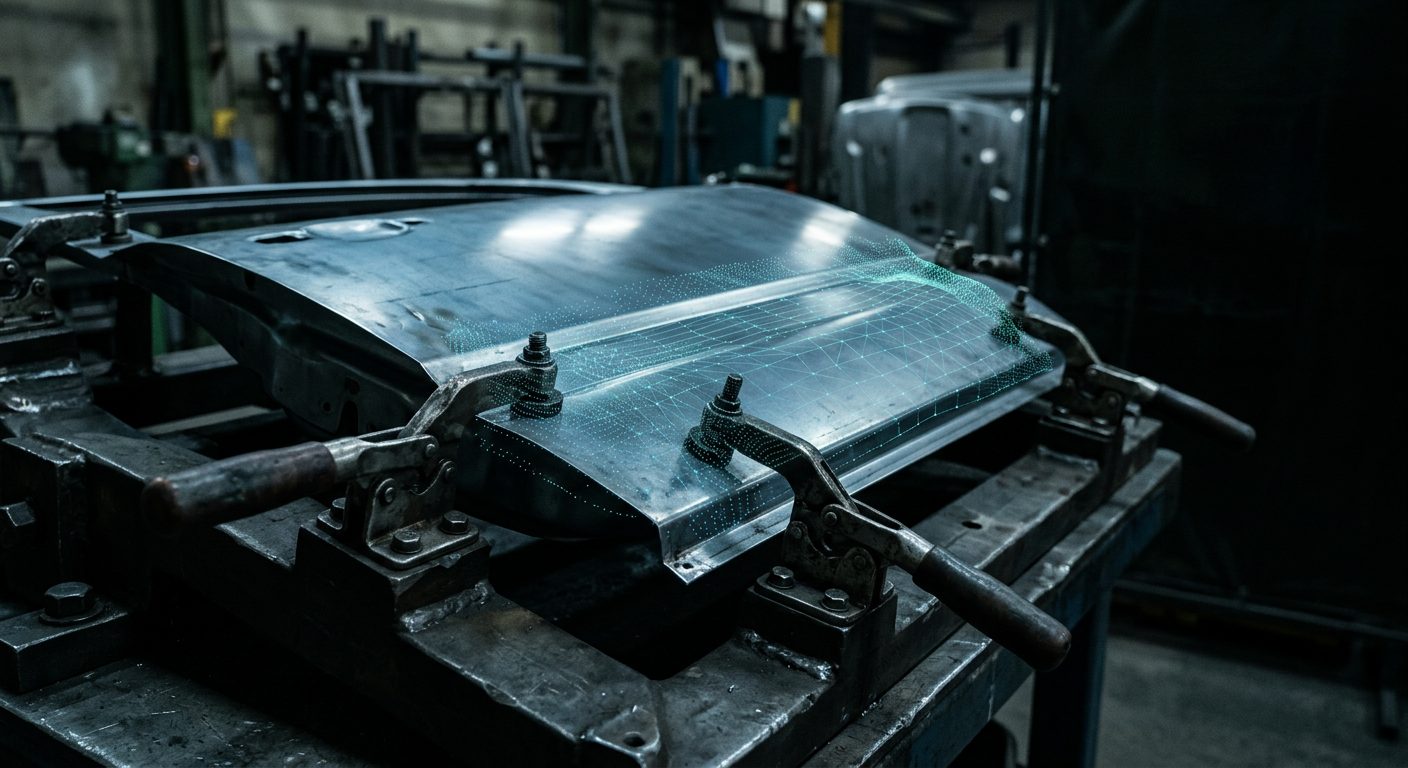 Automotive body panel on press fixture, 3D scanning for dimensional inspection and reverse engineering OptimumARC