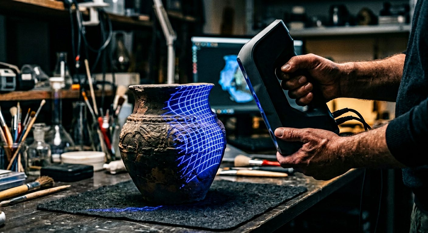 Artec handheld scanner capturing ancient vessel for Geomagic Wrap volume analysis workflow, OptimumARC archaeology consulting