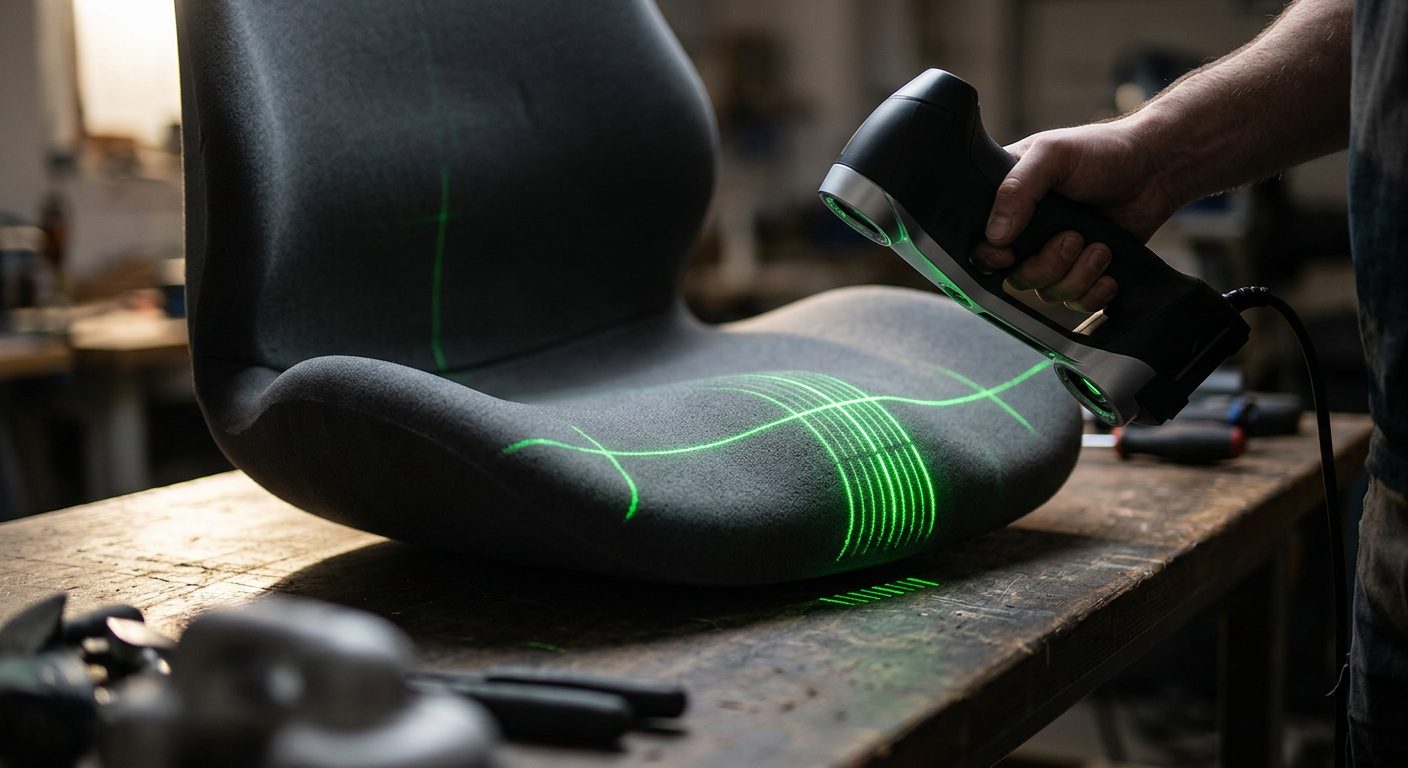 Creaform scanner capturing ergonomic chair geometry for scan-to-CAD reverse engineering workflow, OptimumARC manufacturing consulting