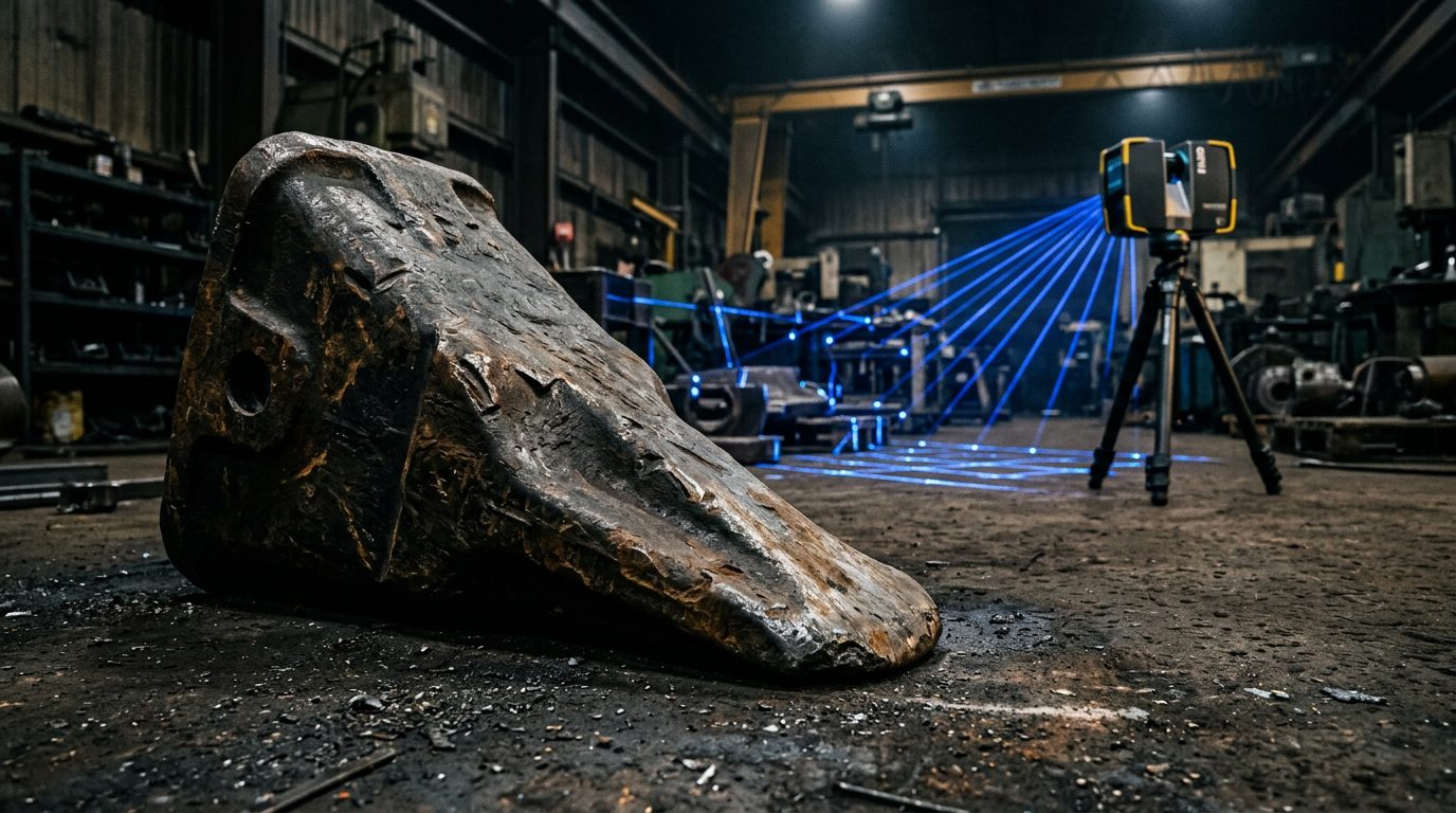 Faro long-range scanner capturing worn mining equipment for scan-to-rework workflow in Geomagic, OptimumARC mining consulting