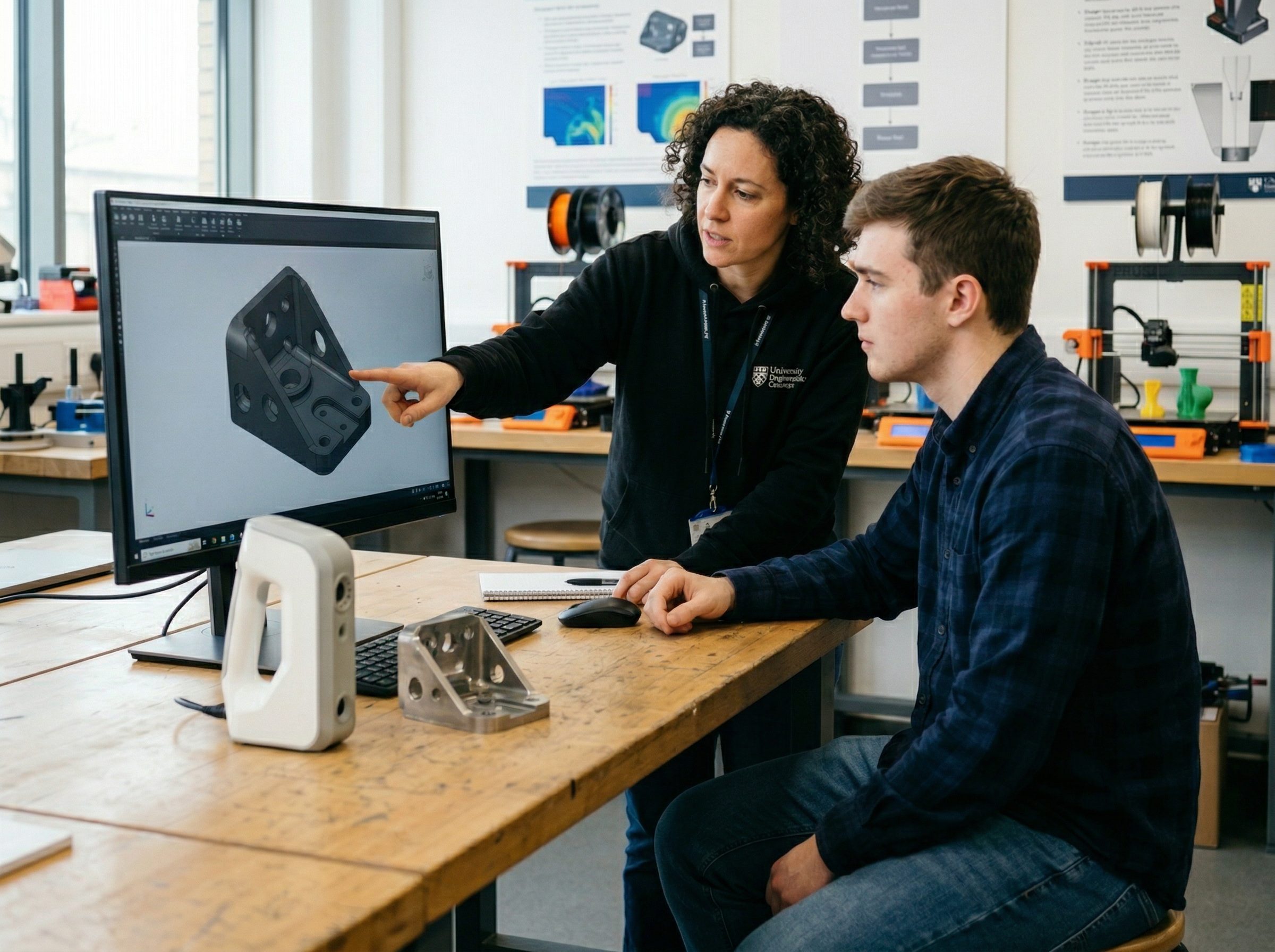 Engineering instructor teaching Geomagic 3D scanning workflow to student in university lab, Artec scanner and machined part on desk