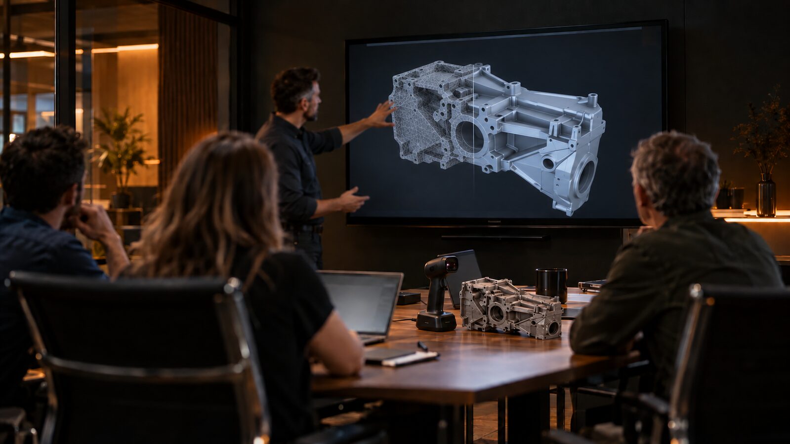 Engineering team reviewing a 3D scan mesh beside the finished CAD model on screen, with a handheld scanner and the part on the table