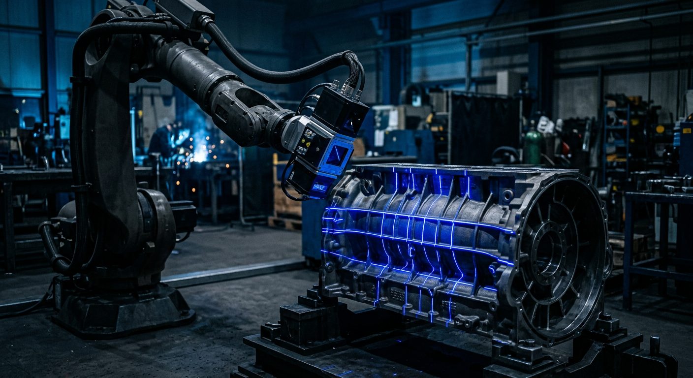 Robot-mounted 3D scanner projecting blue laser lines across a cast gearbox housing on a shop floor