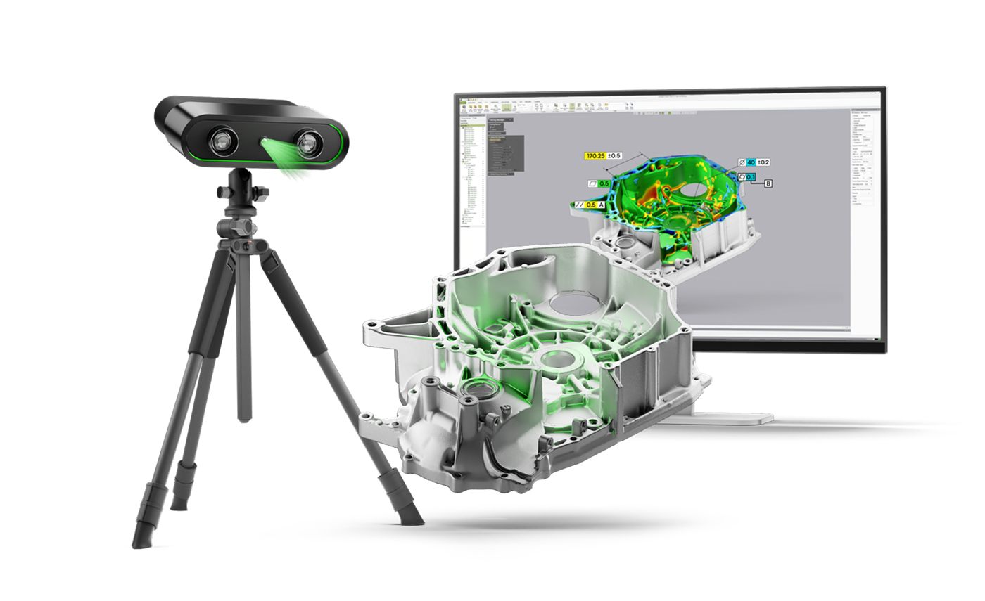 3D scanner on a tripod capturing a cast housing, with the Geomagic Control X colour deviation map and GD&T callouts on screen