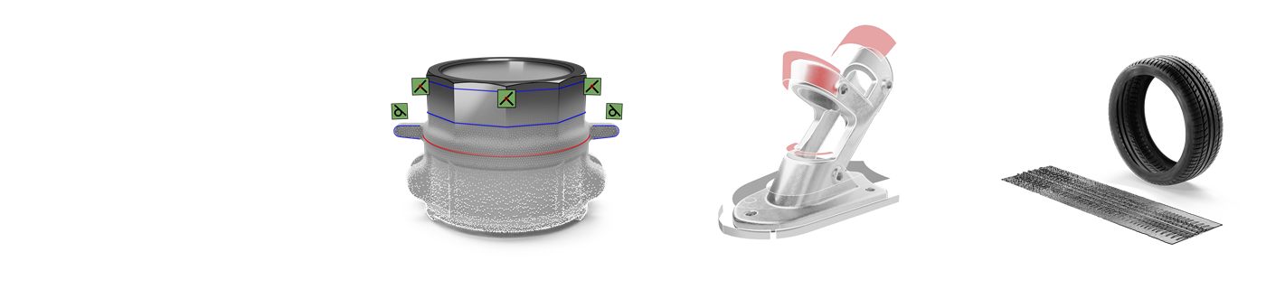 Geomagic Design X Go, Plus and Pro tiers shown as a scanned pipe fitting, a bracket with extracted surfaces and a tire with its tread pattern