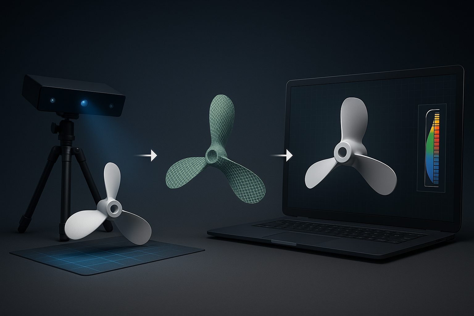 Propeller captured by a 3D scanner, processed into a scan mesh, then shown as a finished CAD model with a colour deviation map on a laptop