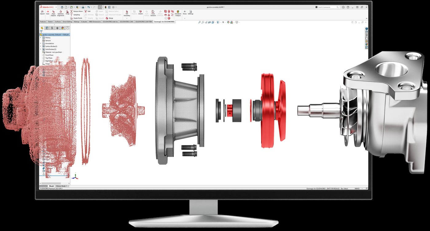 Geomagic for SOLIDWORKS converting 3D scan point cloud data into solid CAD parts inside SOLIDWORKS