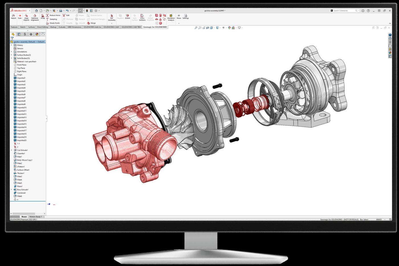 Exploded turbocharger assembly in SOLIDWORKS combining 3D scan mesh data with solid CAD parts using Geomagic for SOLIDWORKS