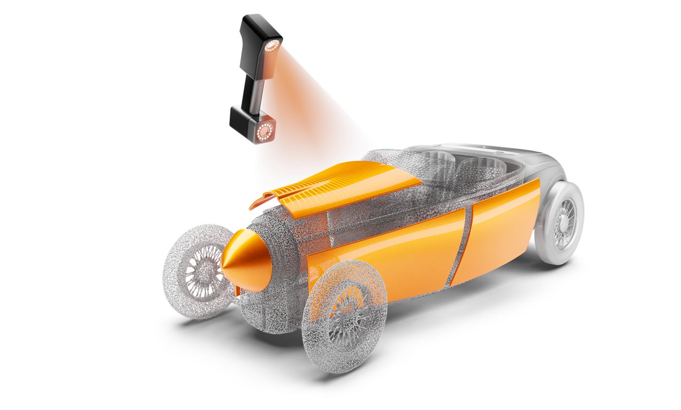 Handheld 3D scanner capturing a car model, shown moving from raw polygon mesh wireframe to finished surface in Geomagic Wrap