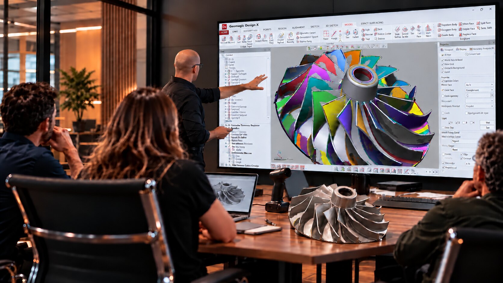 A team reviews a scanned impeller split into colour-coded surface regions on a large screen, with the machined impeller and a handheld 3D scanner on the table