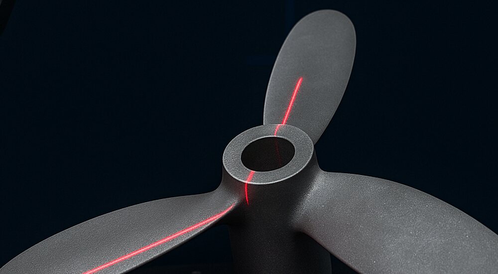 Machined propeller being 3D scanned, with the scanner's laser line across its blades