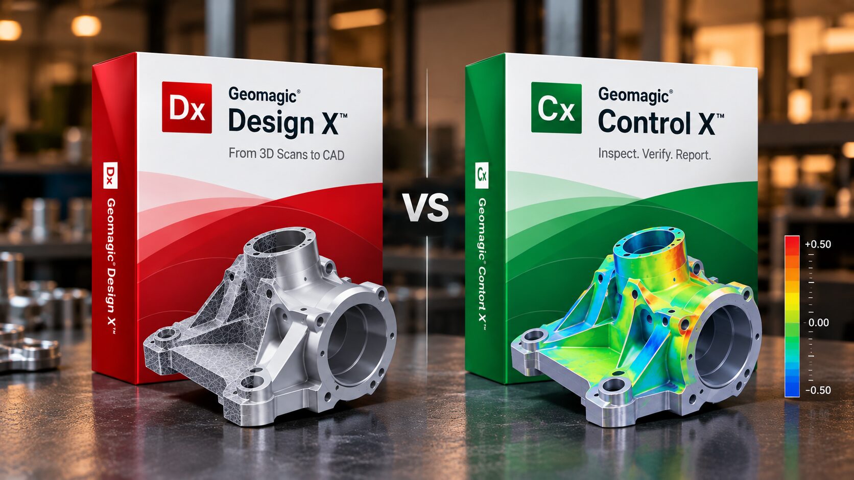 Geomagic Design X and Control X product boxes, one with a scanned part and one with its colour deviation map