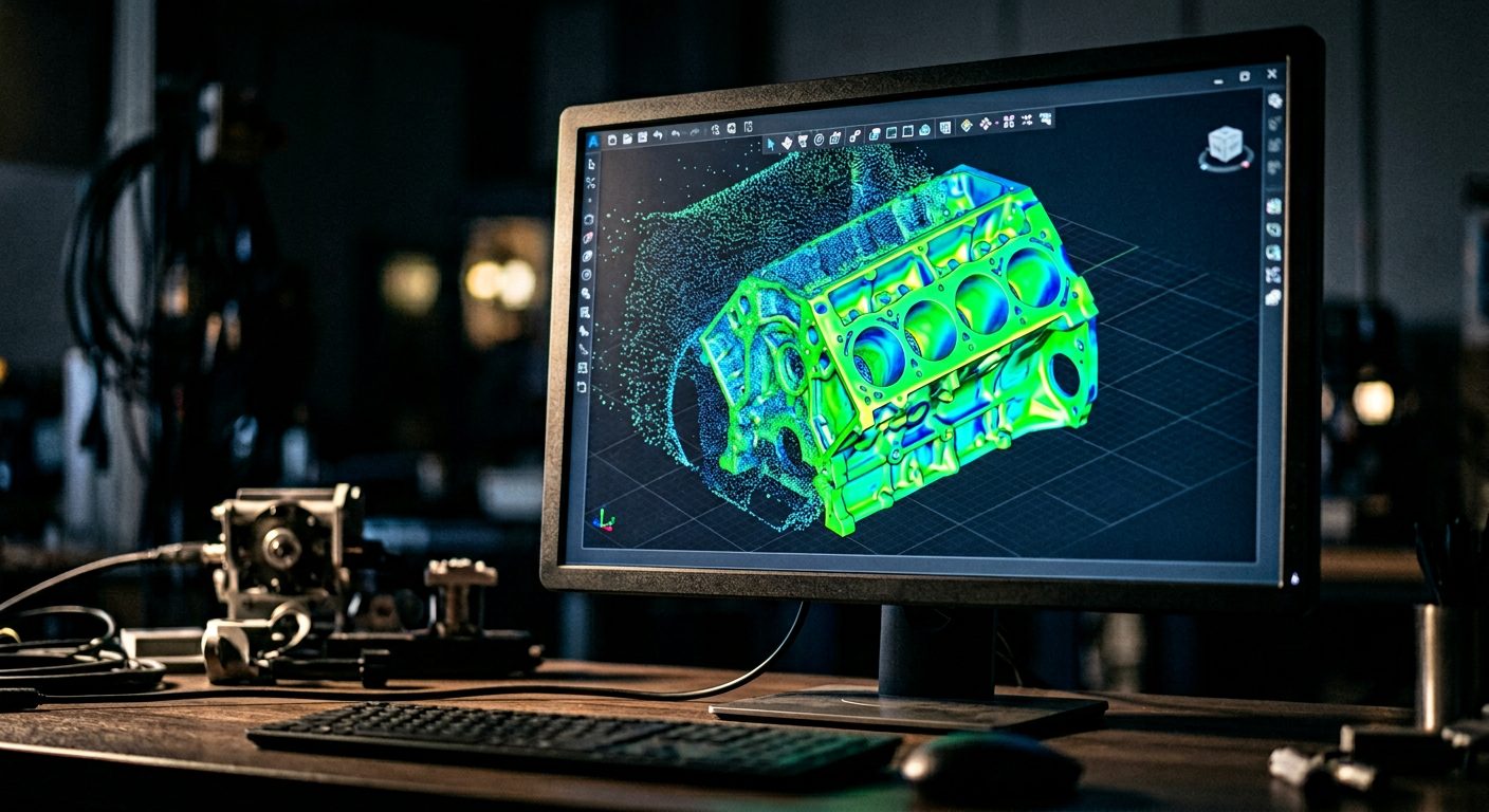 Geomagic Design X scan data on monitor, reverse engineering point cloud colour map