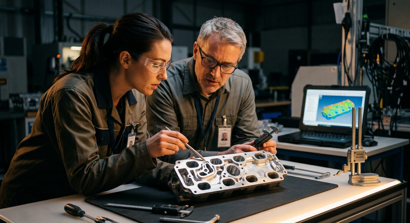 Two engineers reviewing a complex machined part with 3D scan data on laptop, Geomagic consulting