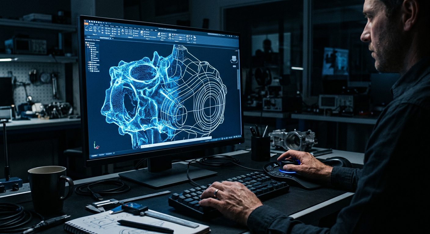 Engineer working on 3D scan mesh to CAD model on large monitor, scan to CAD best practices