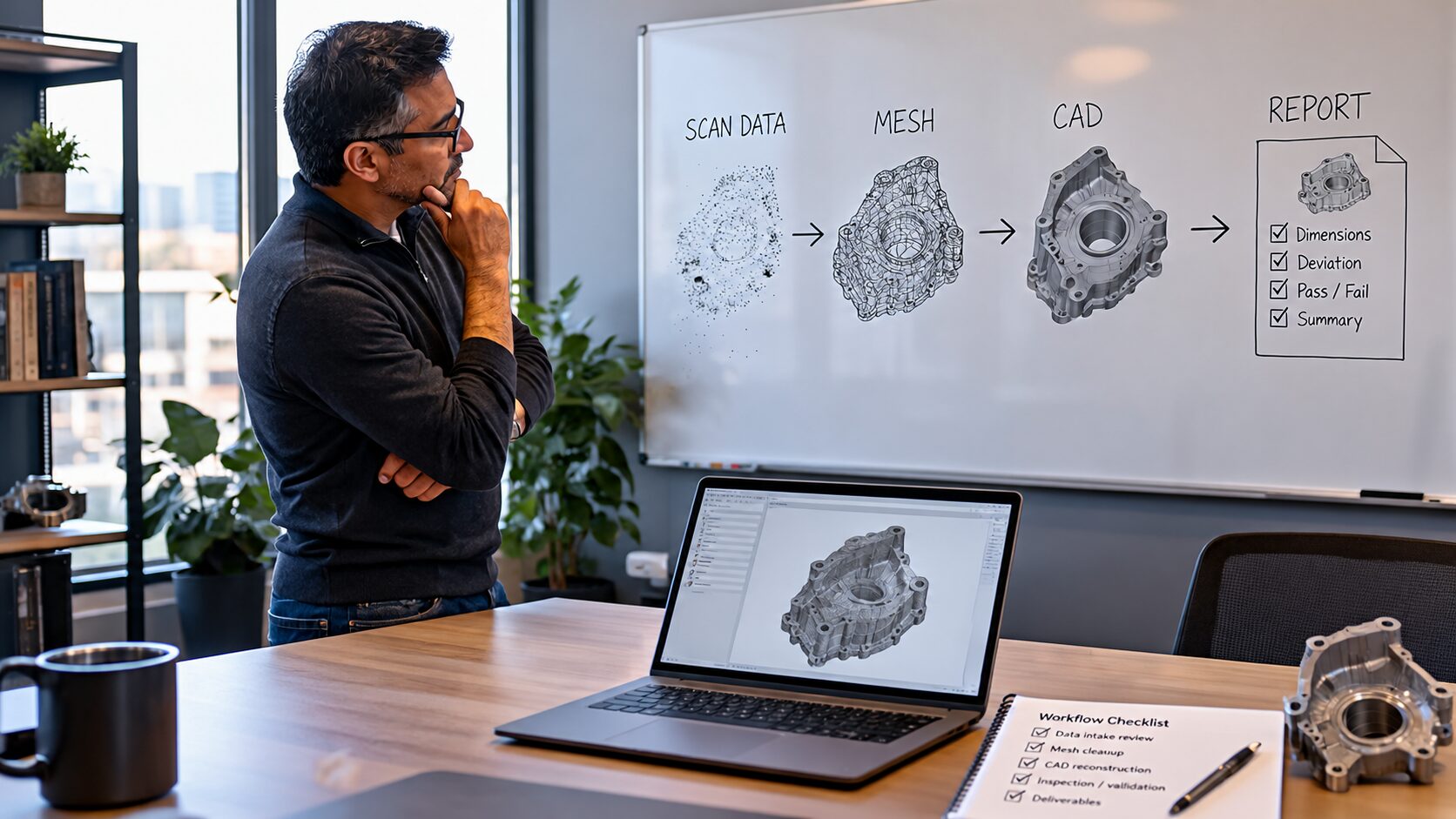 A consultant studying a whiteboard workflow from scan data to mesh, CAD and inspection report, with a laptop and part on the desk