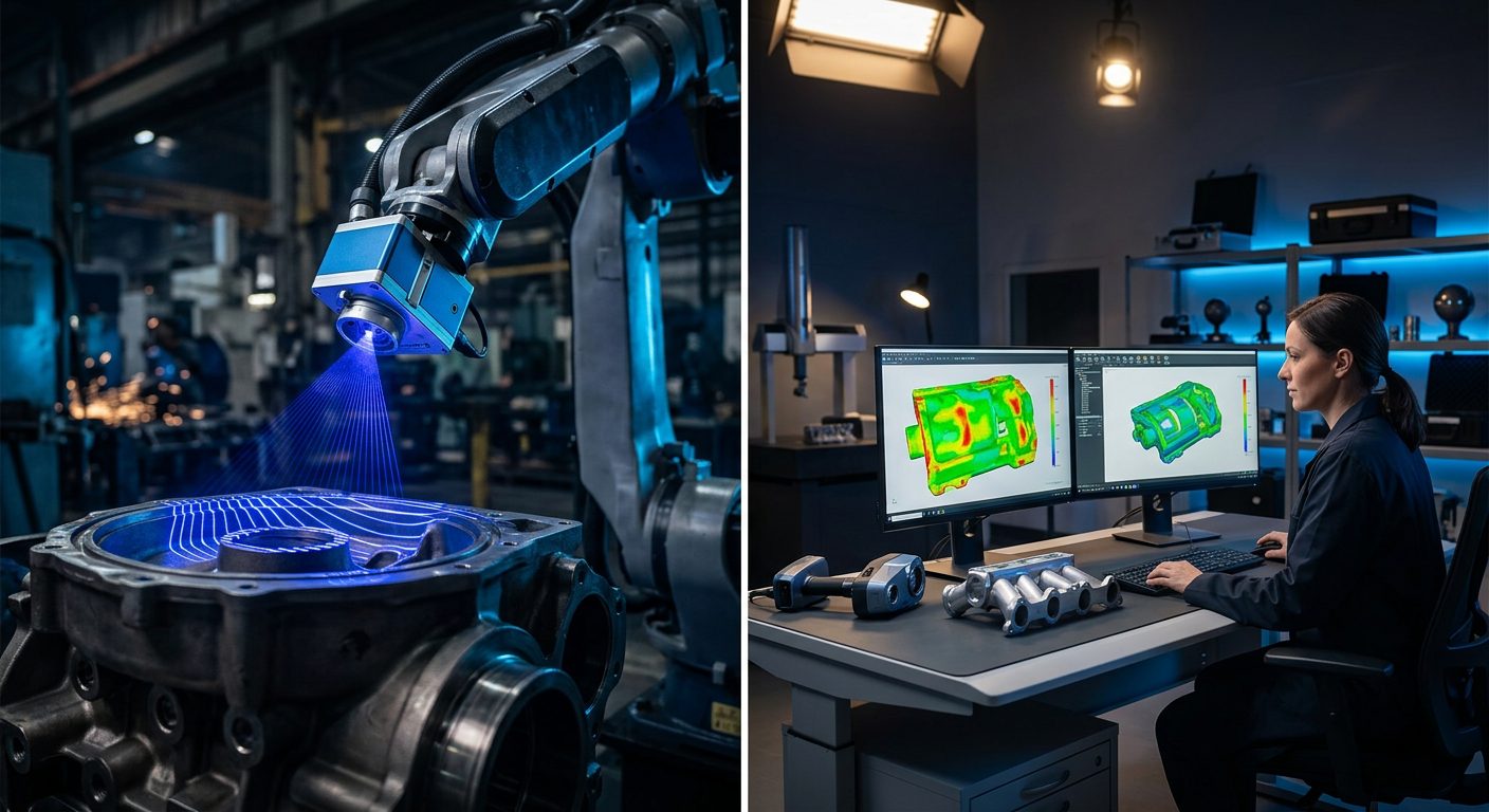 3D scanning robotic arm and engineer reviewing scan deviation maps, OptimumARC Insights