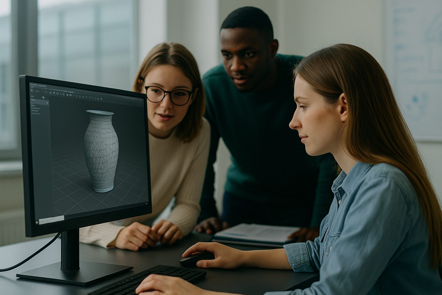 Three engineers at a workstation working through a 3D scanned mesh model together in Geomagic software