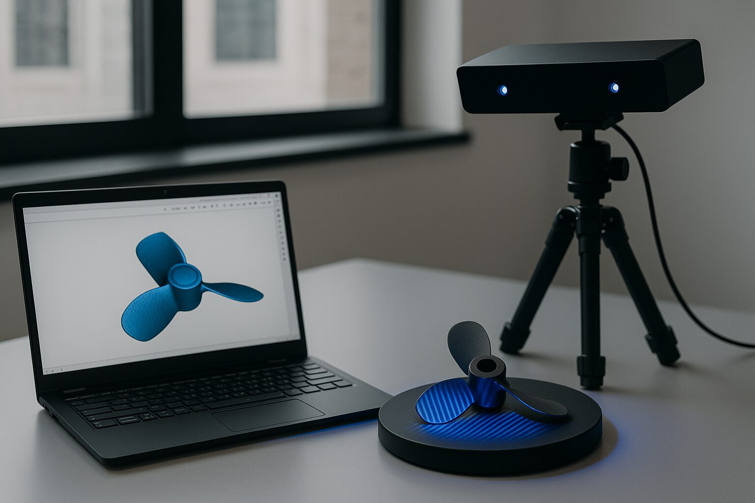 Part on a turntable being 3D scanned, with the scan shown on a laptop beside it