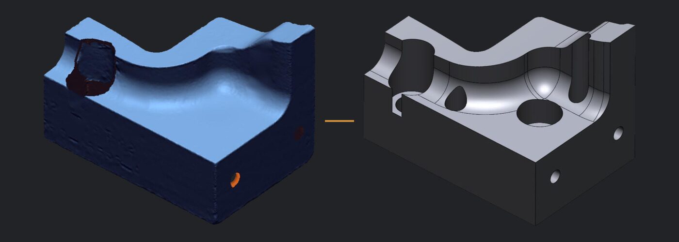 STL mesh of a machined block beside the clean CAD model rebuilt from it