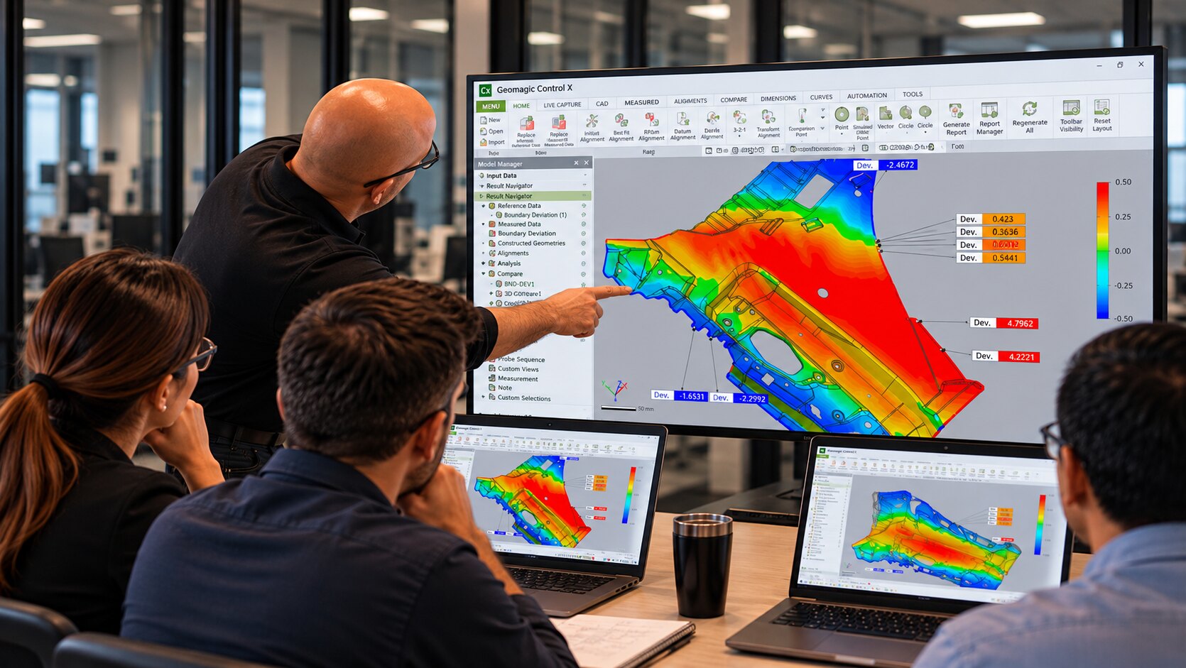 An instructor pointing to a colour deviation map of a scanned part in Geomagic Control X while a class follows along on laptops