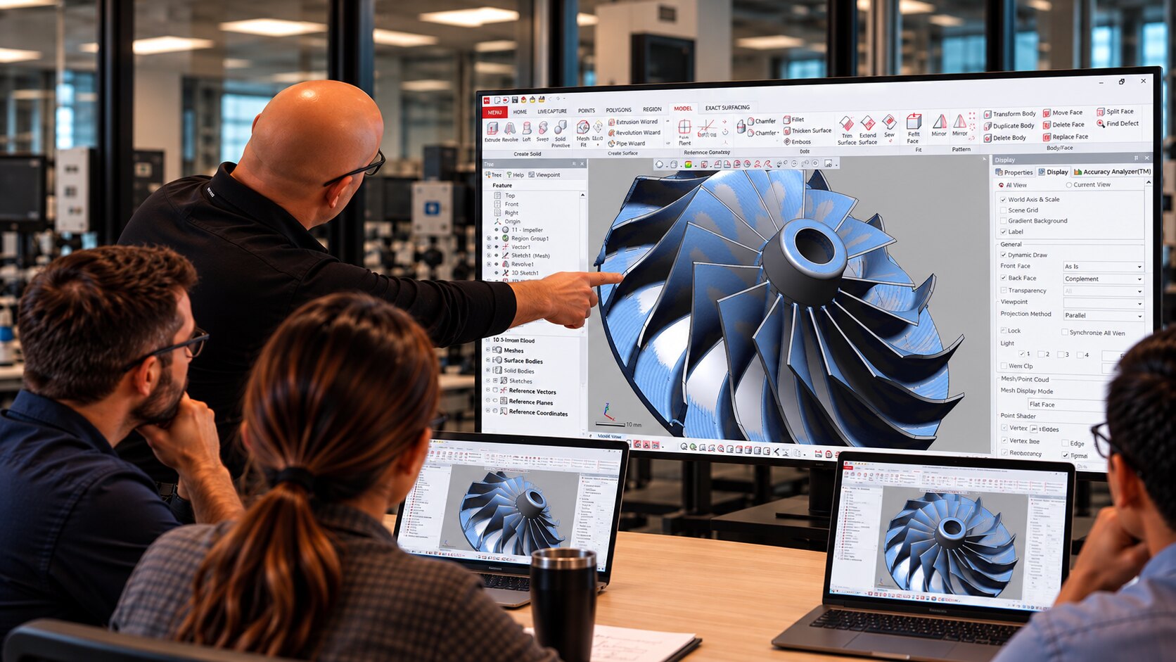An instructor pointing to a scanned part and its CAD model in Geomagic Design X while a class follows along on laptops