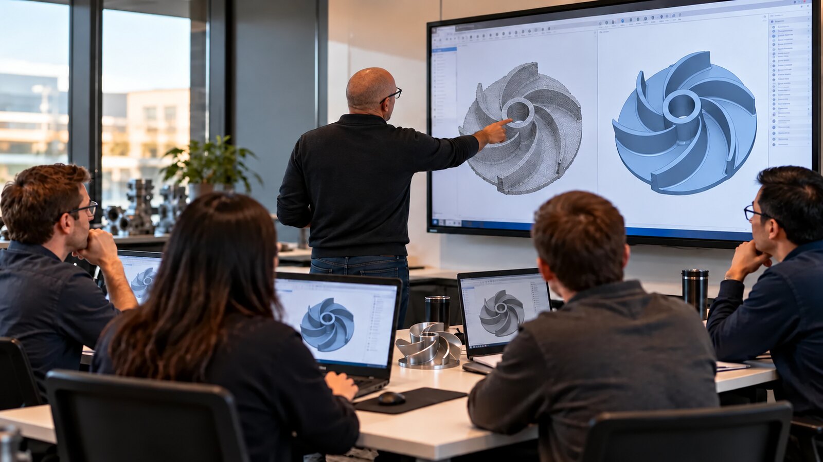 An instructor walking a team through a scanned part on a large screen while they follow along on laptops