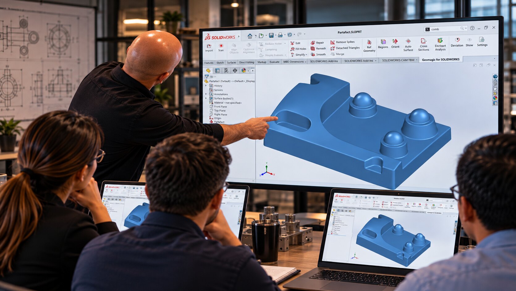 An instructor pointing to a scanned part inside SOLIDWORKS with Geomagic for SOLIDWORKS while a trainee follows along