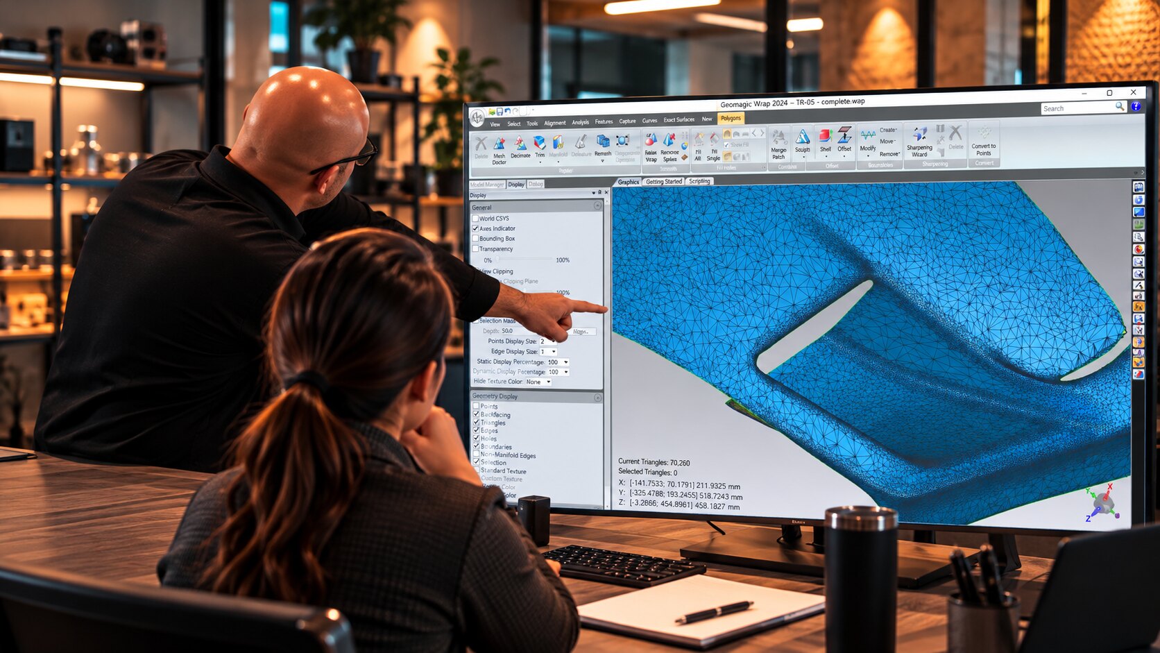 An instructor pointing to a scanned part in Geomagic Wrap while a trainee follows along